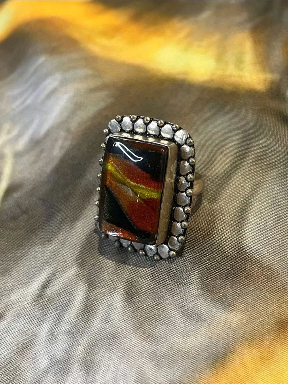 925 Sterling Silver Rectangular Glass Inlay Ring in Black, Brown & Gold